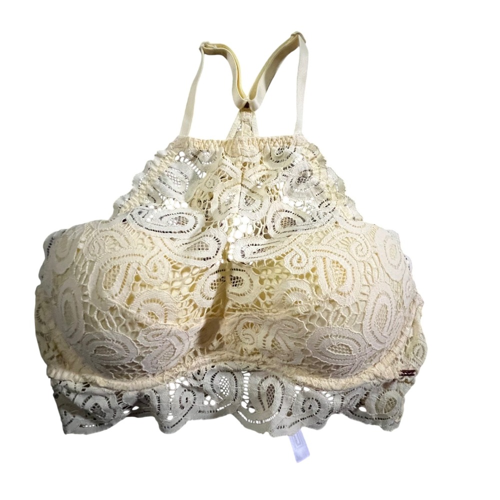 PINK Victoria's Secret Bralette Women Small Yellow Lace High Neck Push Up